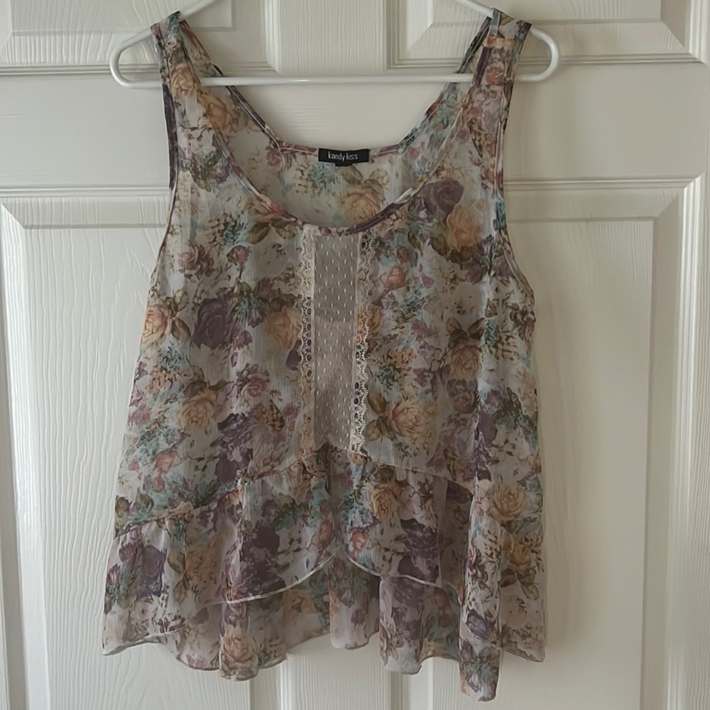 Sheer Flowy Floral Tank Top with Lace Placket and Ruffle Hem, Sz XL